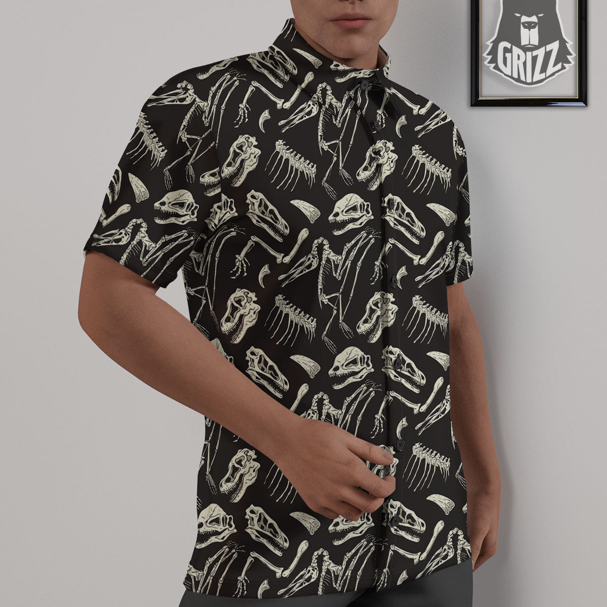 Fossil Dinosaur Monochrome Print Pattern Untucked Shirts-grizzshop