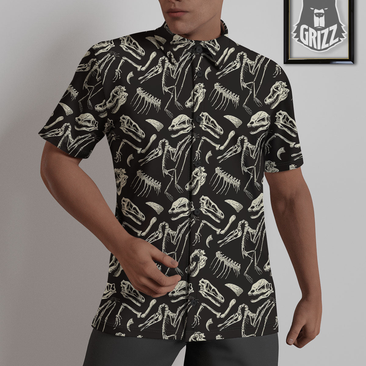 Fossil Dinosaur Monochrome Print Pattern Untucked Shirts-grizzshop