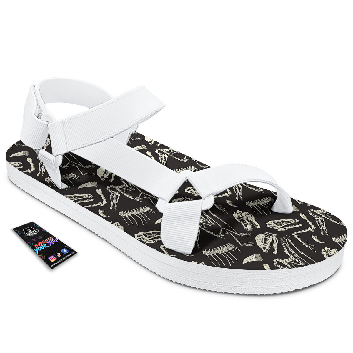 Fossil Dinosaur Monochrome Print Pattern White Open Toe Sandals-grizzshop