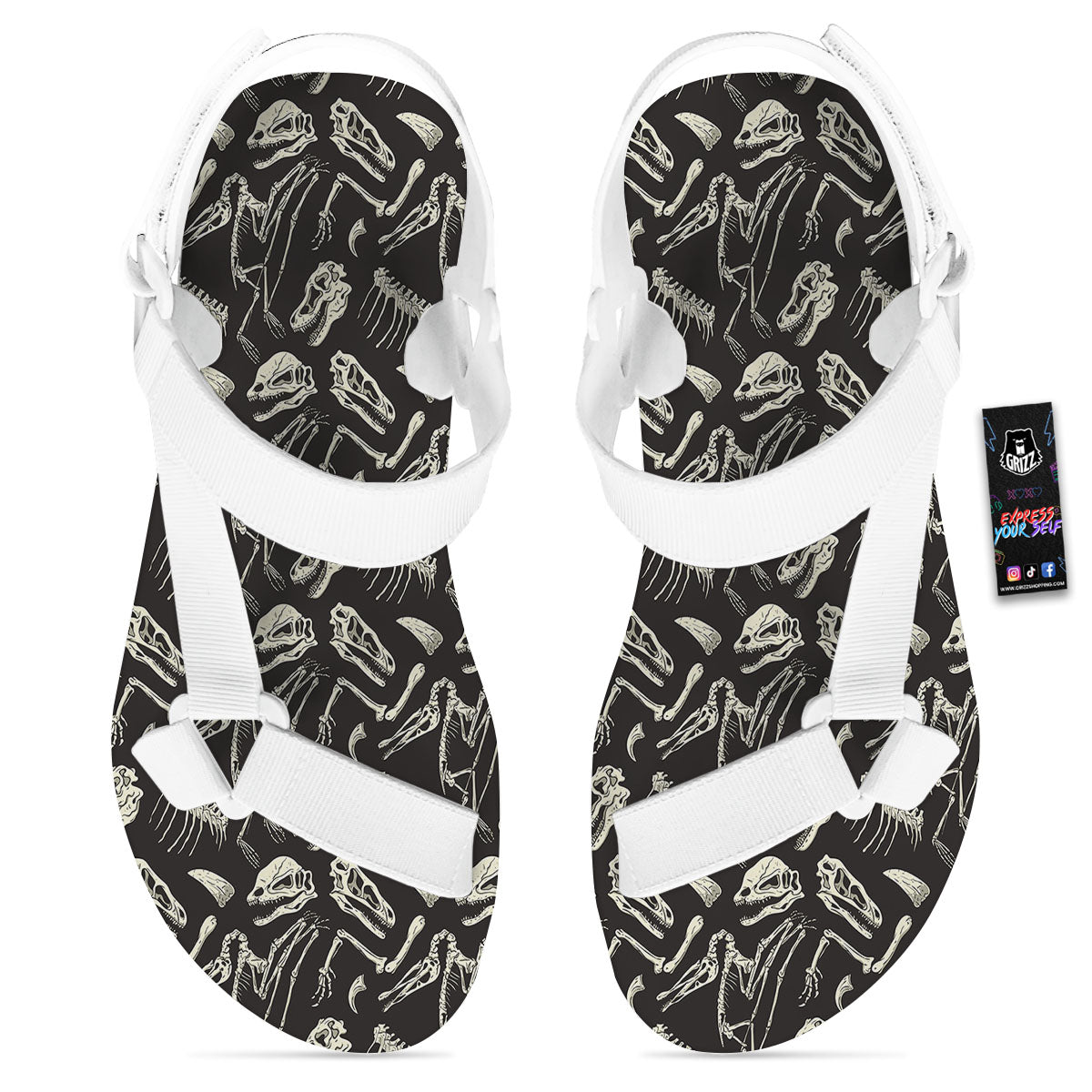 Fossil Dinosaur Monochrome Print Pattern White Open Toe Sandals-grizzshop