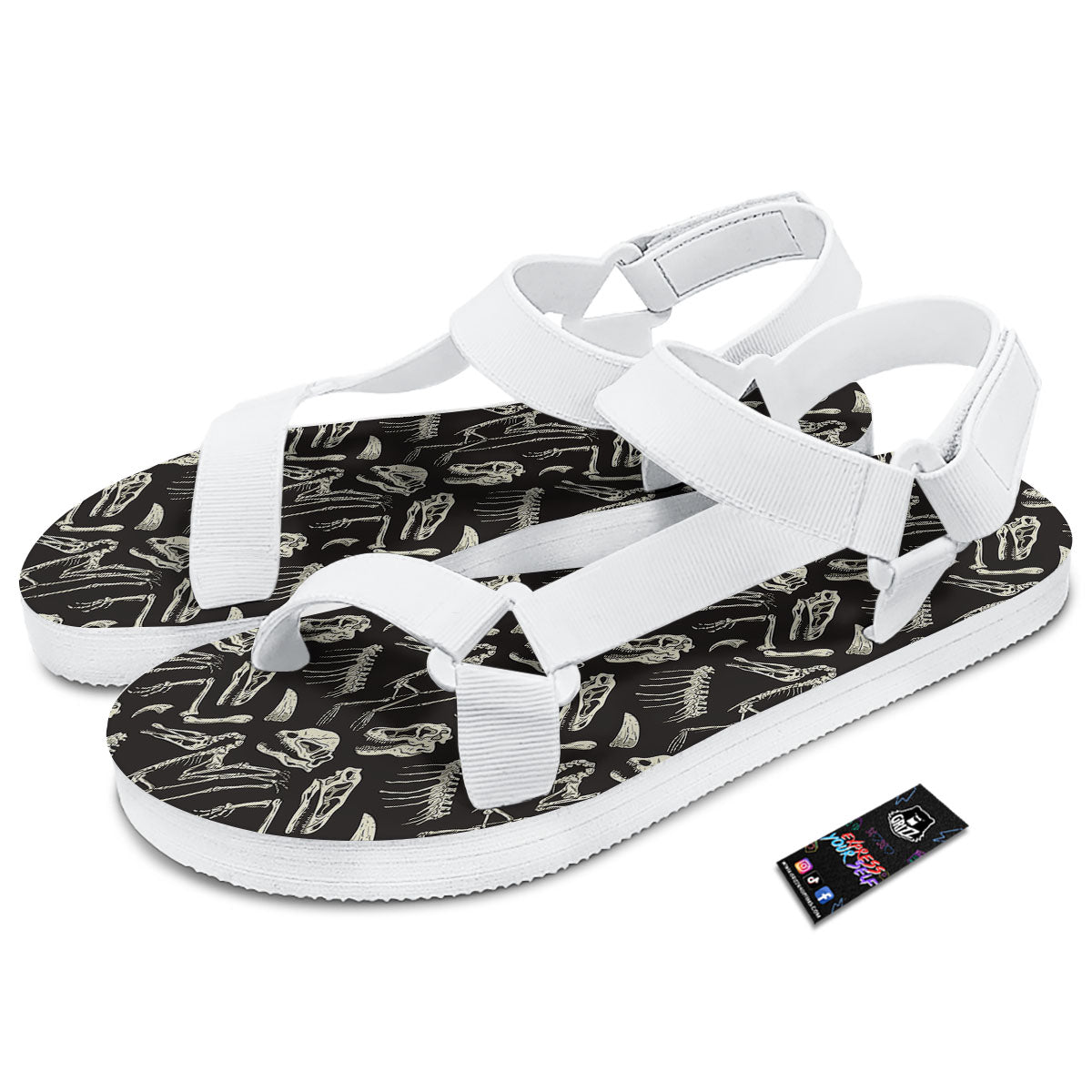 Fossil Dinosaur Monochrome Print Pattern White Open Toe Sandals-grizzshop