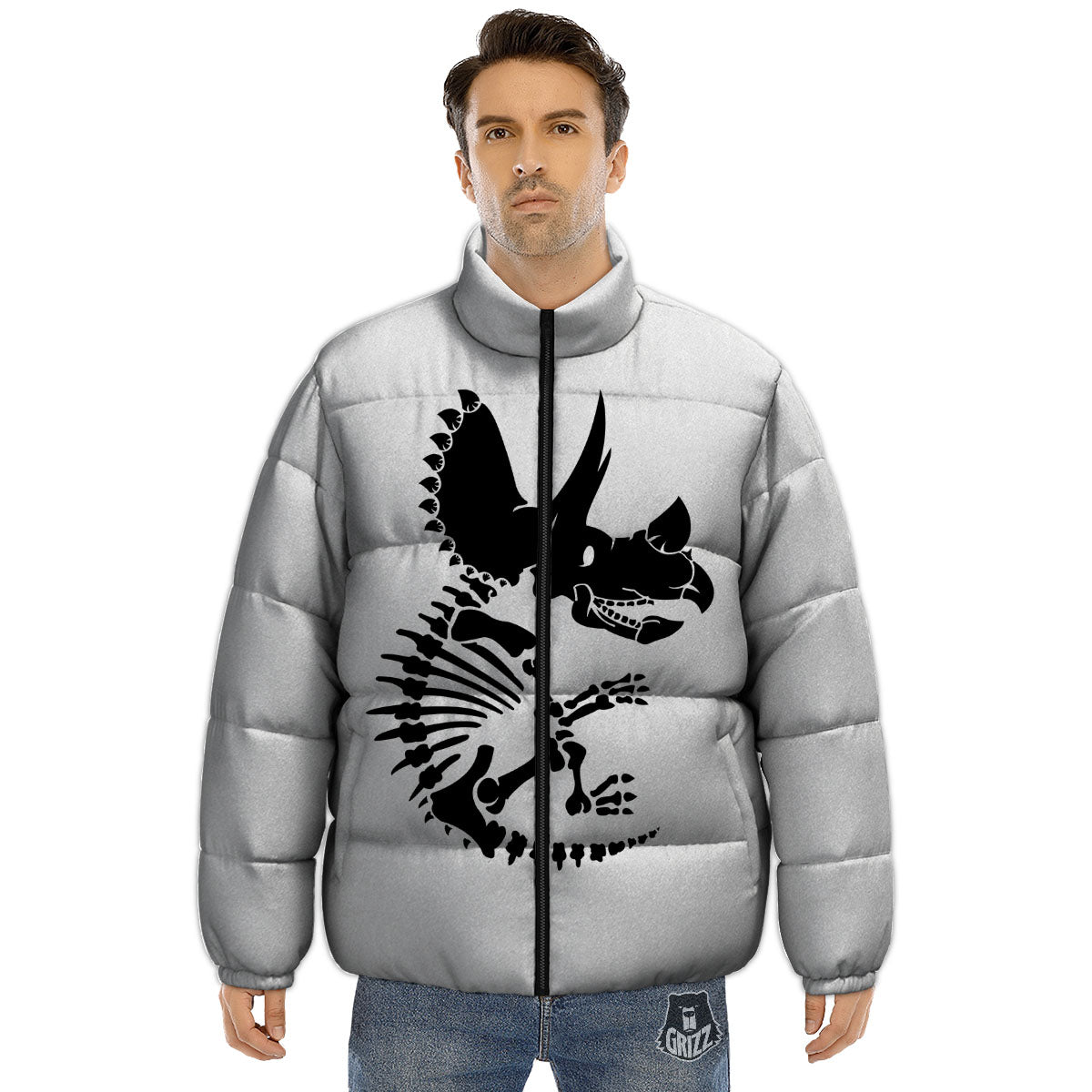 Fossil Dinosaur Monochrome Print Puffer Jacket-grizzshop