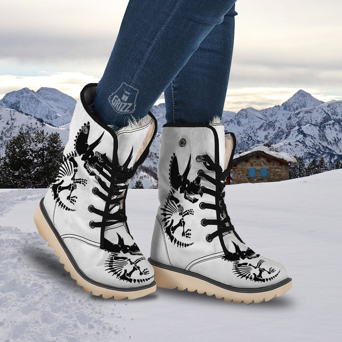 Fossil Dinosaur Monochrome Print Snow Boots-grizzshop
