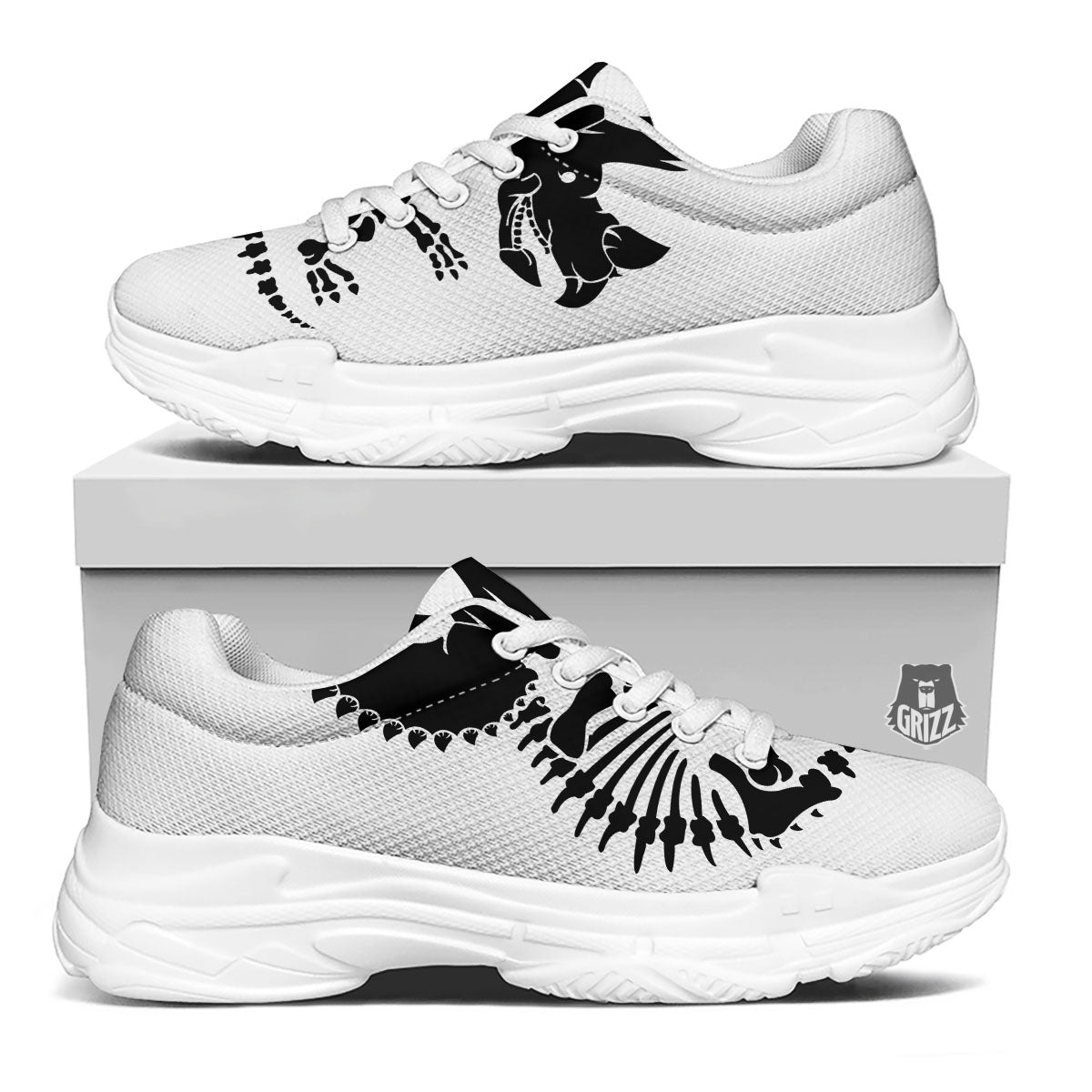 Fossil Dinosaur Monochrome Print White Chunky Shoes-grizzshop