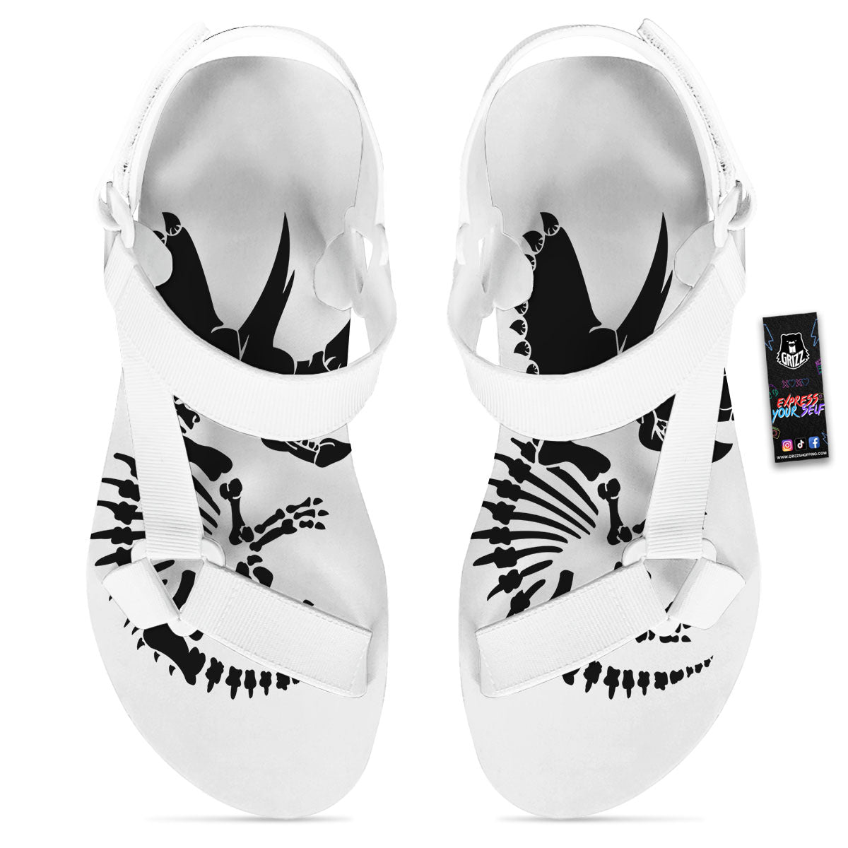 Fossil Dinosaur Monochrome Print White Open Toe Sandals-grizzshop