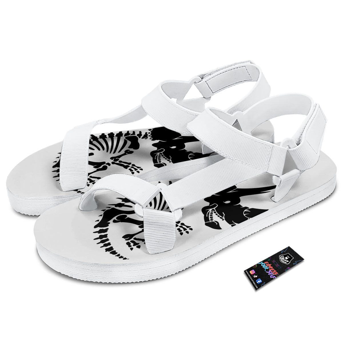 Fossil Dinosaur Monochrome Print White Open Toe Sandals-grizzshop
