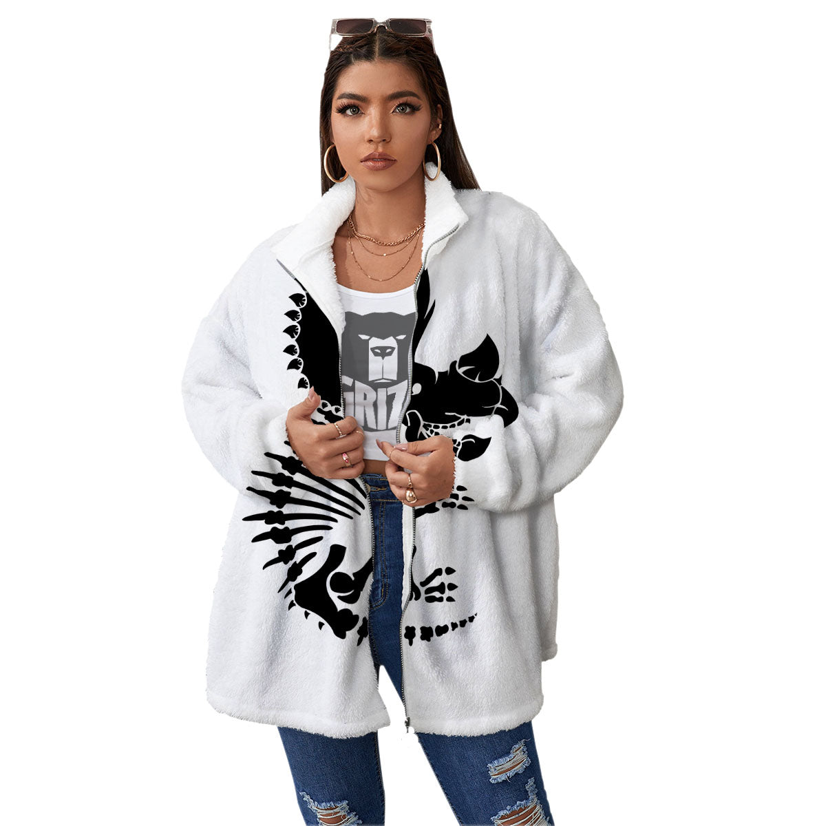 Fossil Dinosaur Monochrome Print Women's Sherpa Jacket-grizzshop