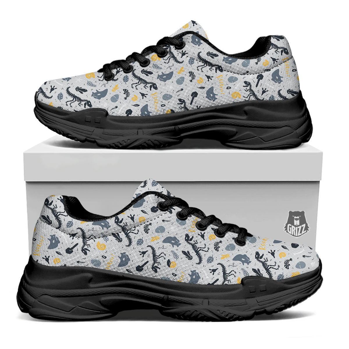 Fossil Dinosaur Print Pattern Black Chunky Shoes-grizzshop