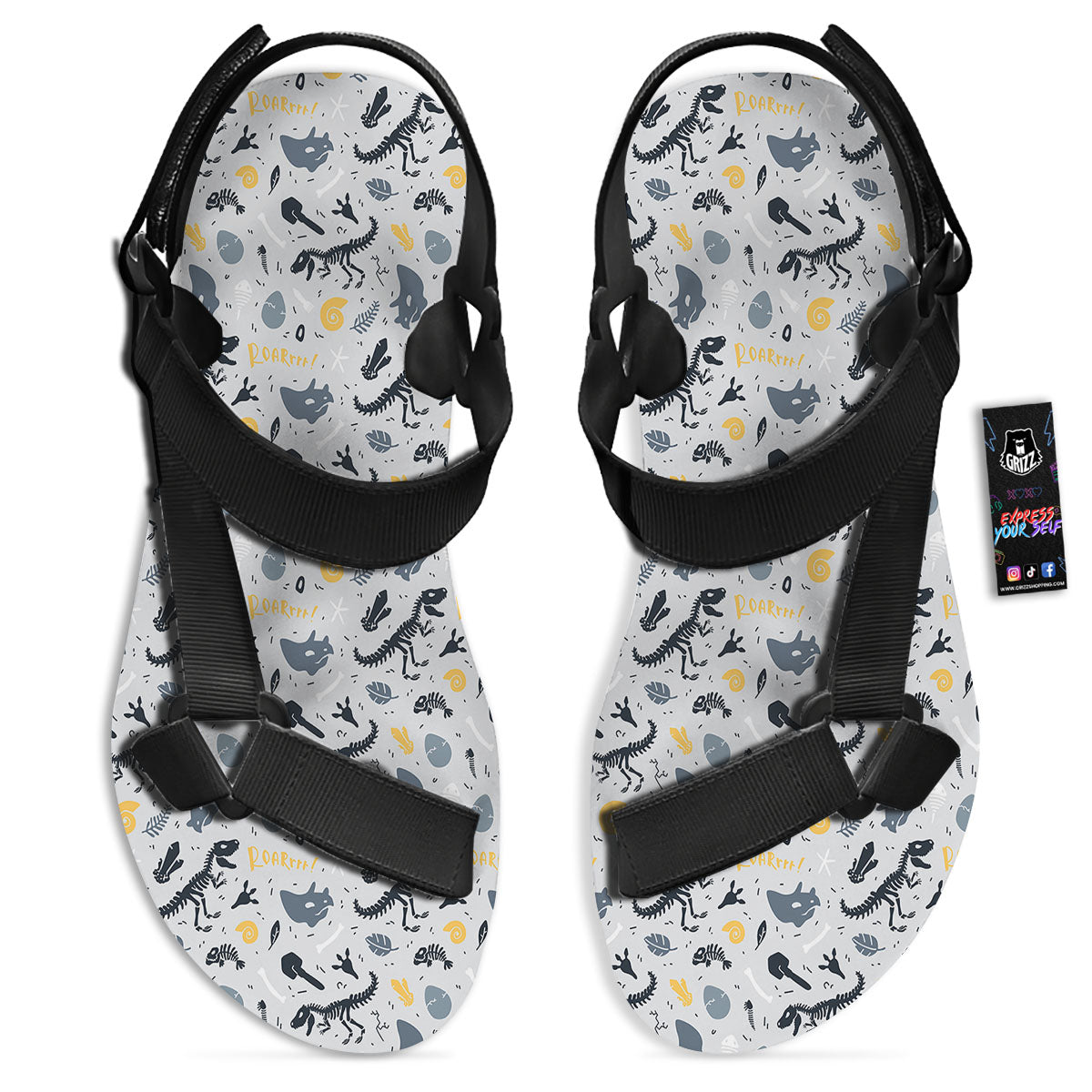 Fossil Dinosaur Print Pattern Black Open Toe Sandals-grizzshop
