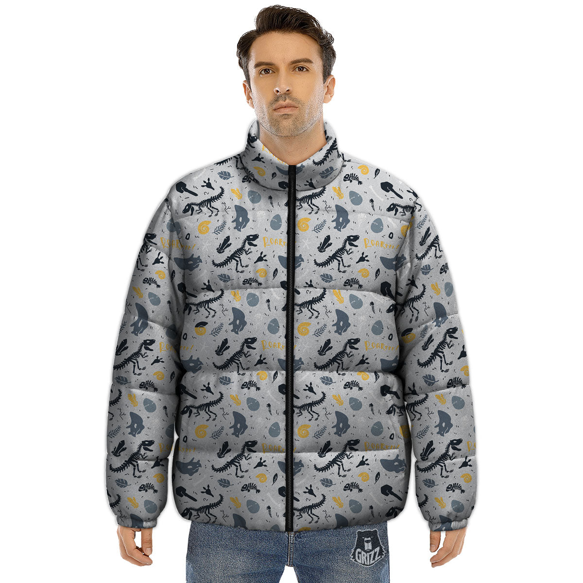 Fossil Dinosaur Print Pattern Puffer Jacket-grizzshop