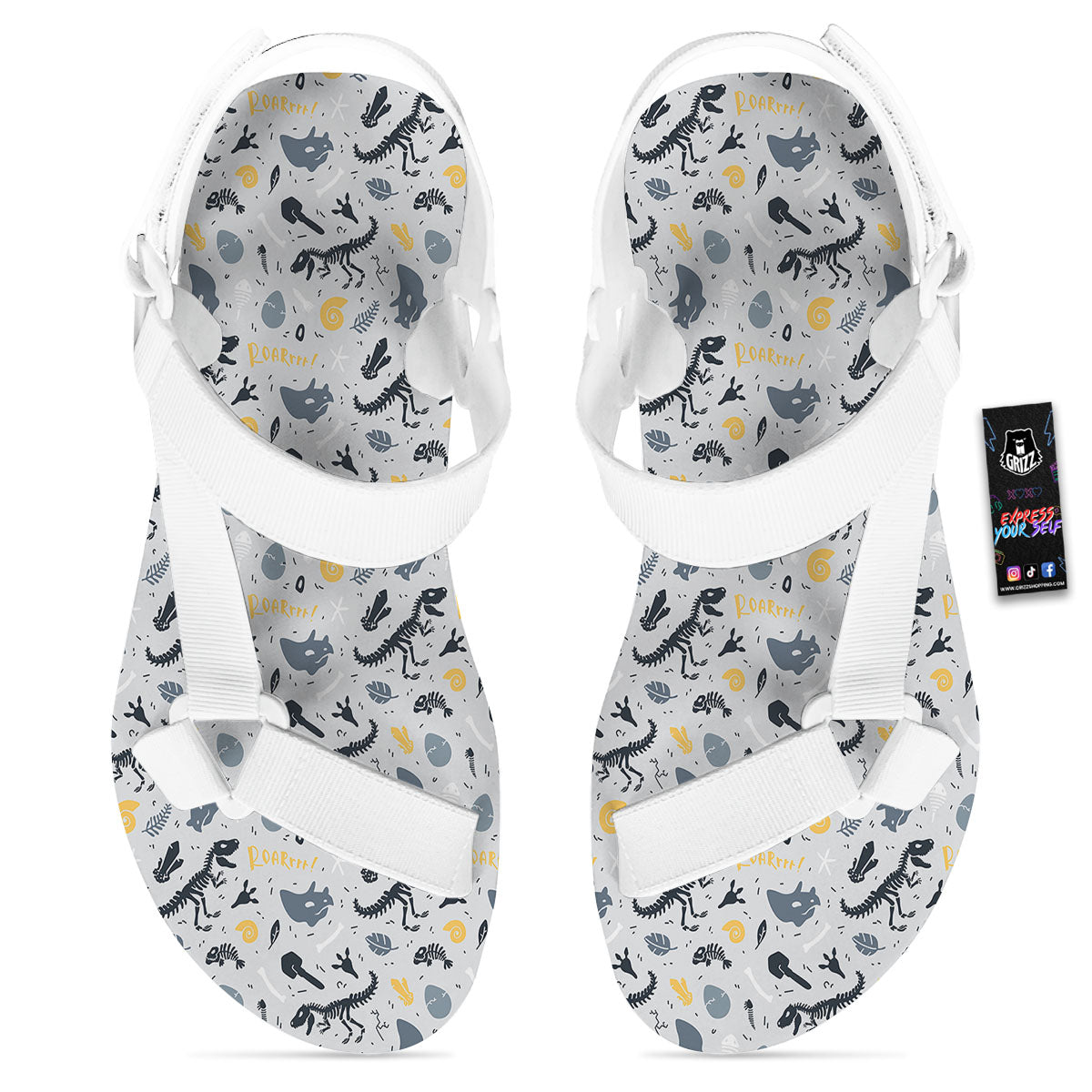 Fossil Dinosaur Print Pattern White Open Toe Sandals-grizzshop