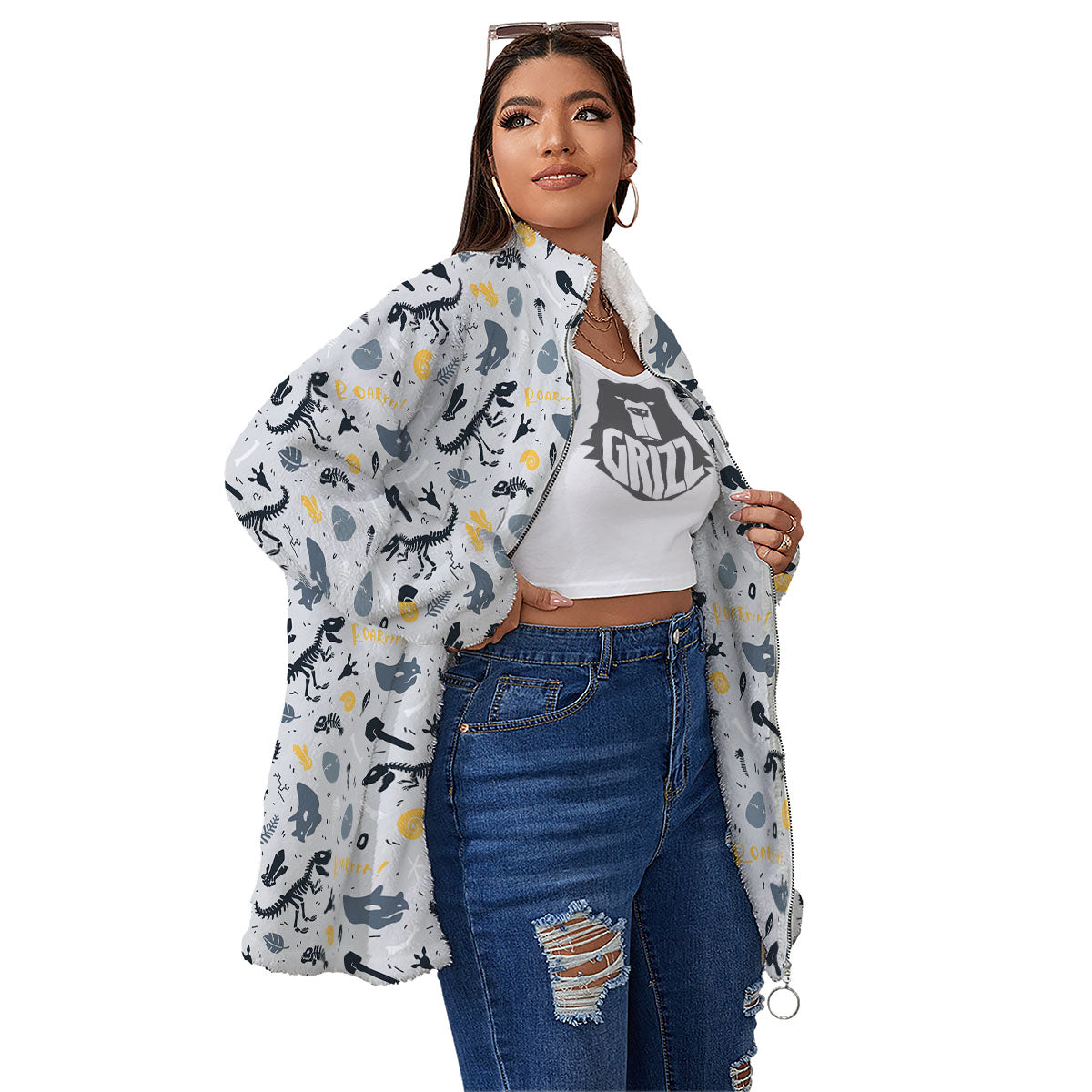 Fossil Dinosaur Print Pattern Women's Sherpa Jacket-grizzshop