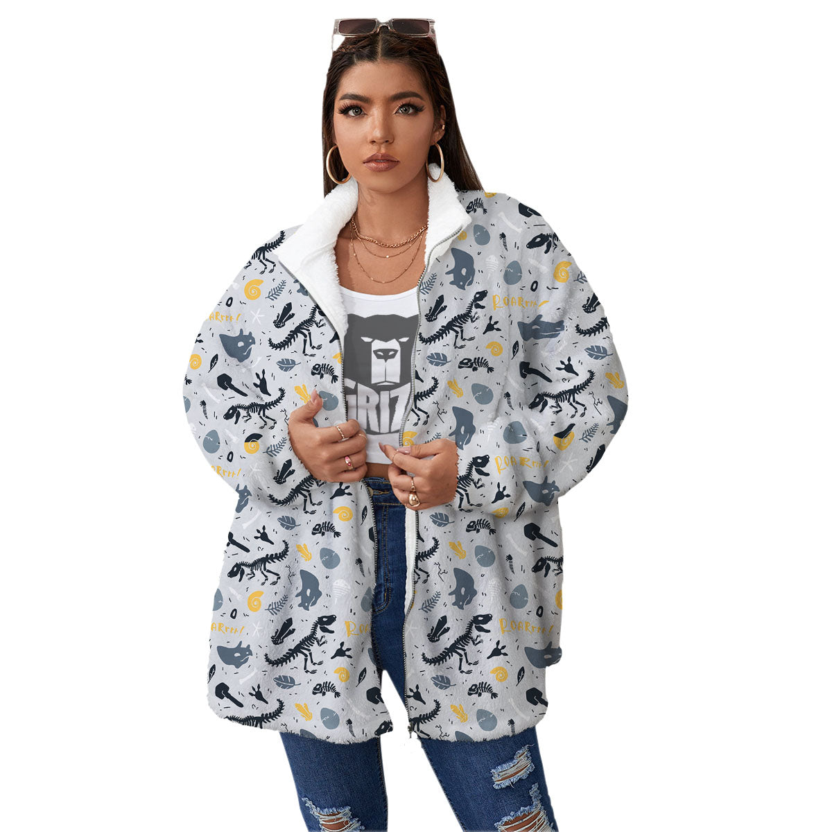 Fossil Dinosaur Print Pattern Women's Sherpa Jacket-grizzshop