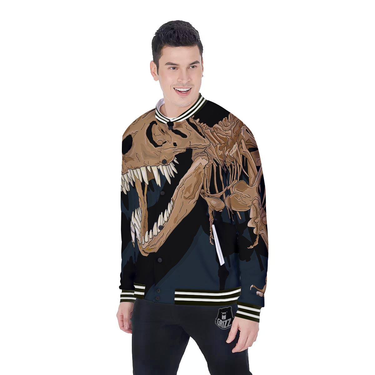 Fossil T-Rex Print Baseball Jacket-grizzshop