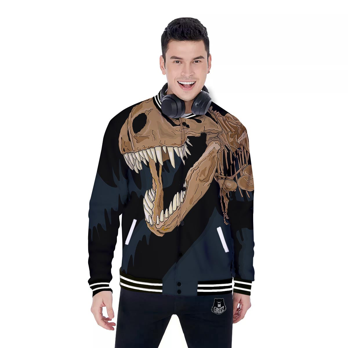 Fossil T-Rex Print Baseball Jacket-grizzshop