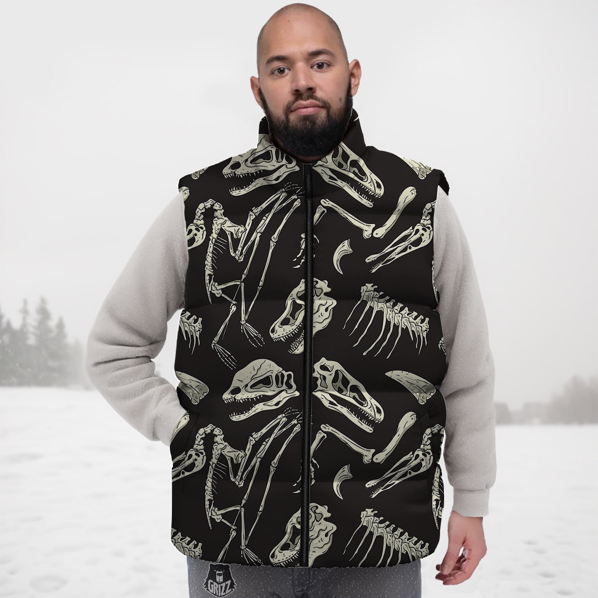 Fossil Tyrannosaurus Dino Print Pattern Down Vest