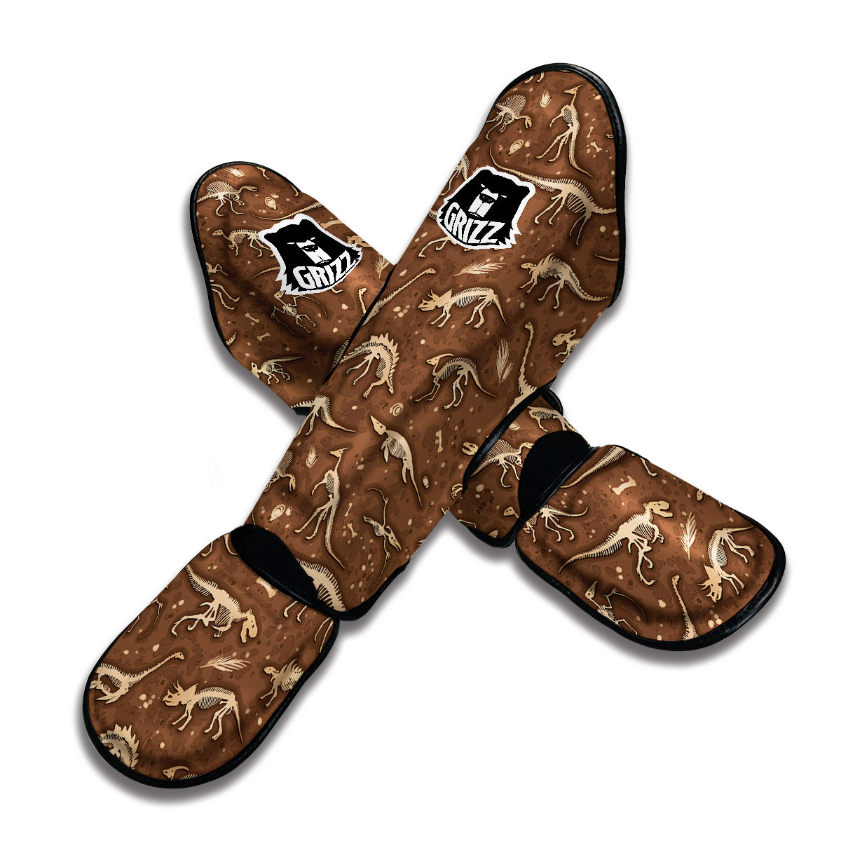 Fossil Vintage Brown Print Pattern Muay Thai Shin Guards-grizzshop