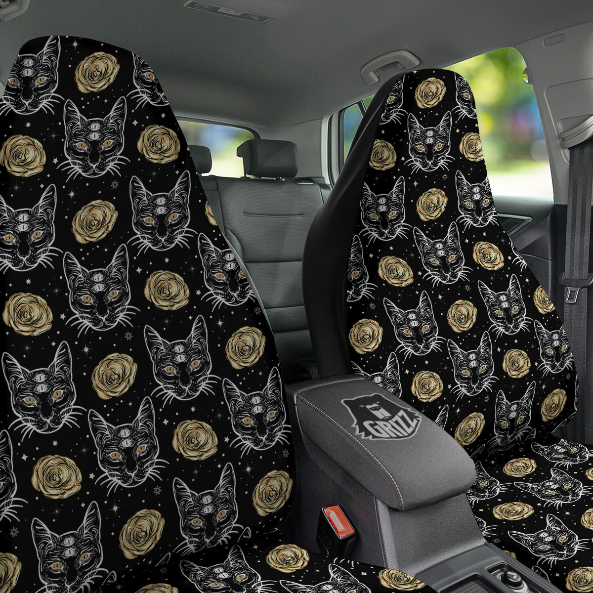 Four Eyed Cat And Roses Gold Print Pattern Car Seat Covers-grizzshop