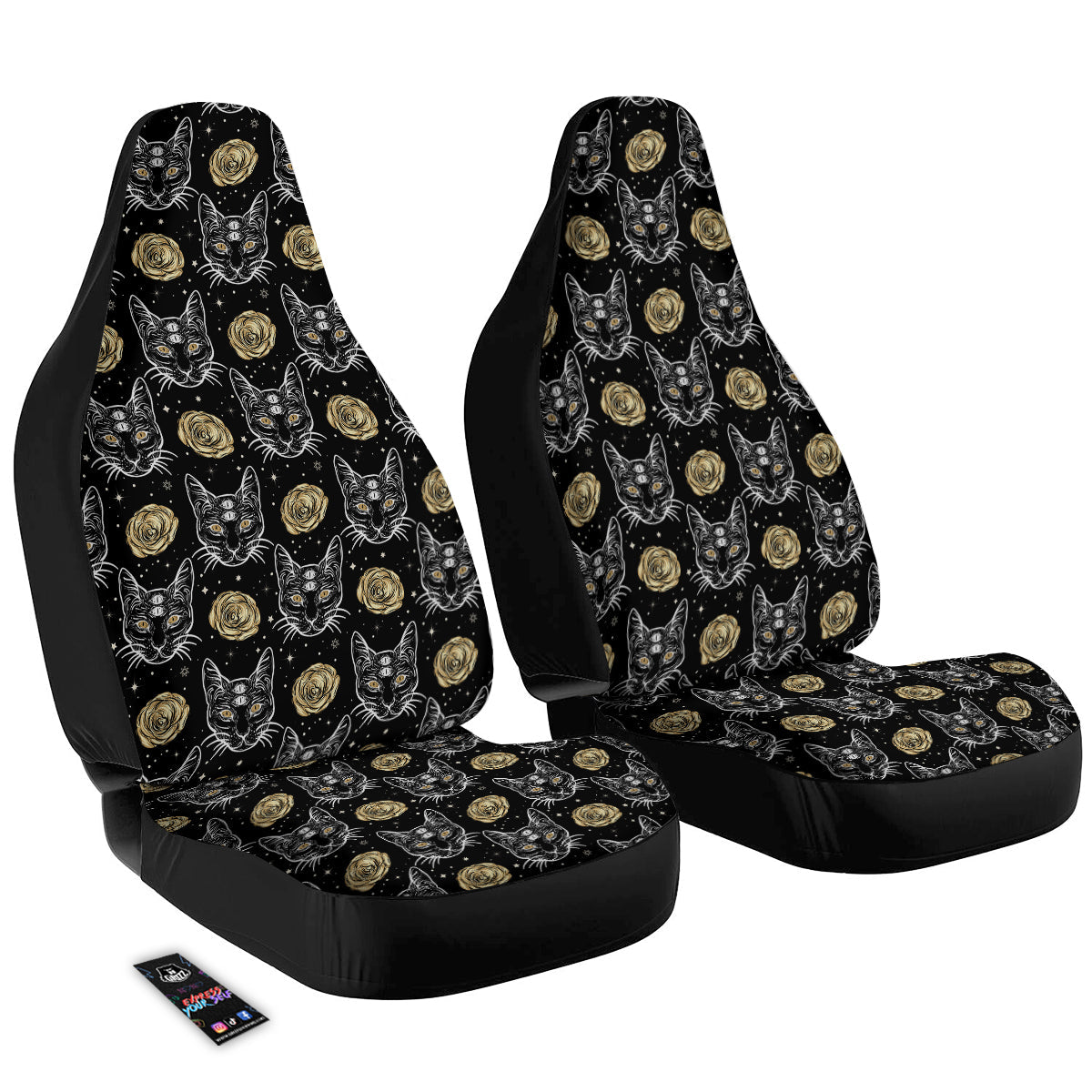 Four Eyed Cat And Roses Gold Print Pattern Car Seat Covers-grizzshop