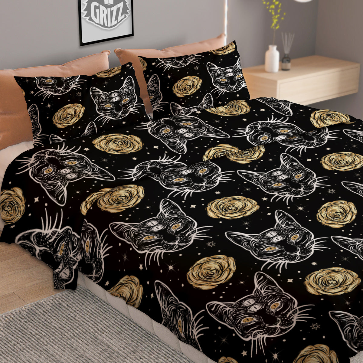 Four Eyed Cat And Roses Gold Print Pattern Duvet Cover Bedding Set