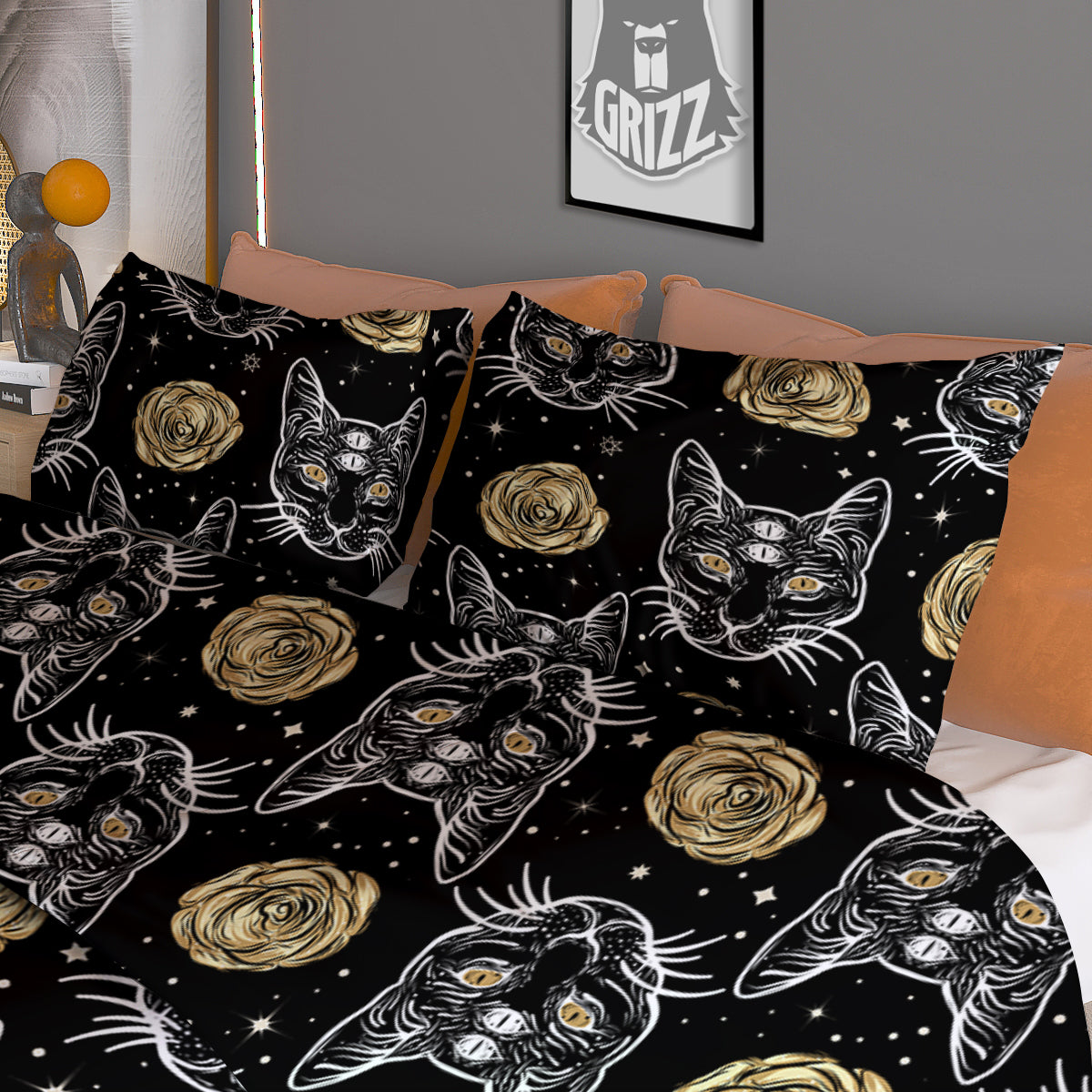 Four Eyed Cat And Roses Gold Print Pattern Duvet Cover Bedding Set