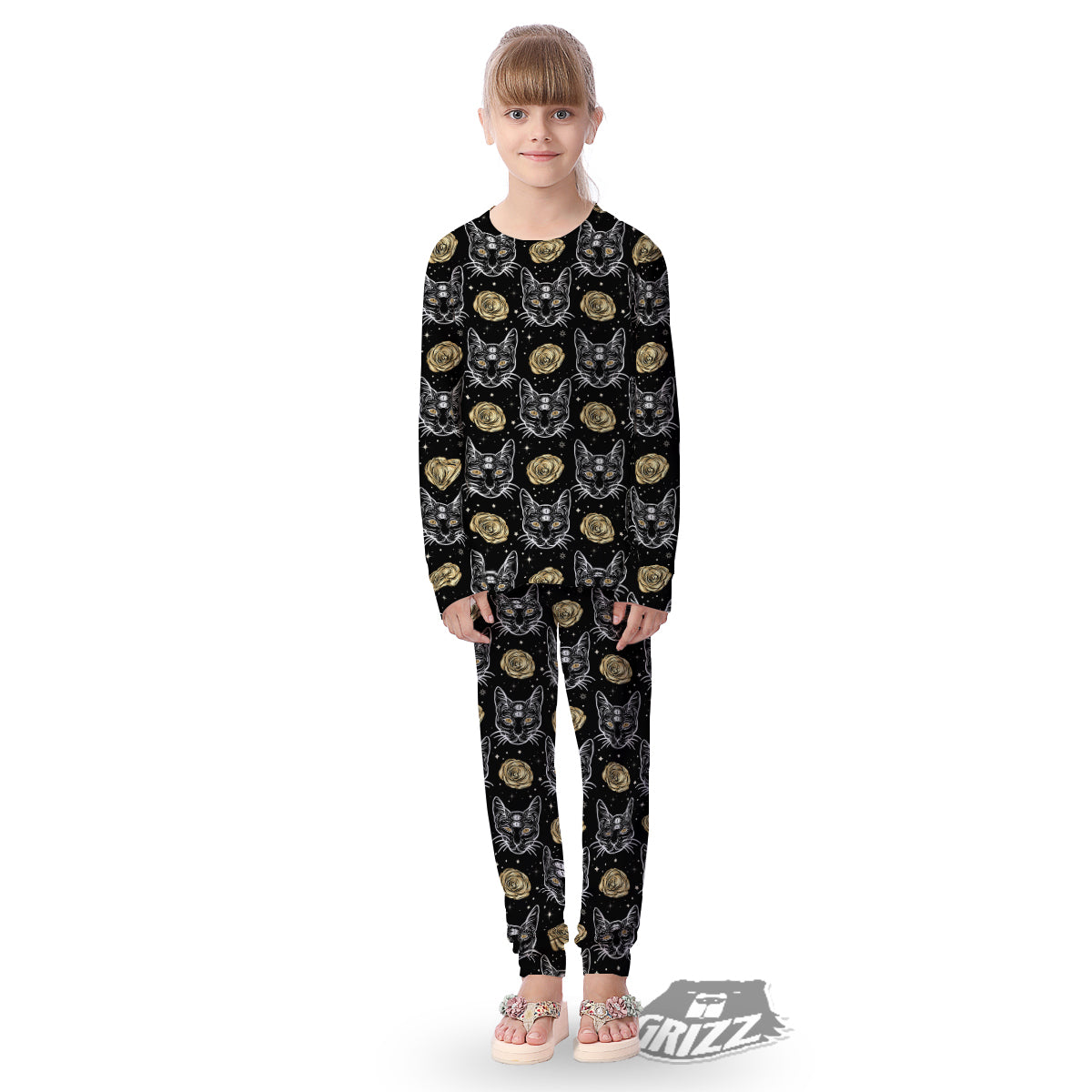 Four Eyed Cat And Roses Gold Print Pattern Kid's Pajamas-grizzshop