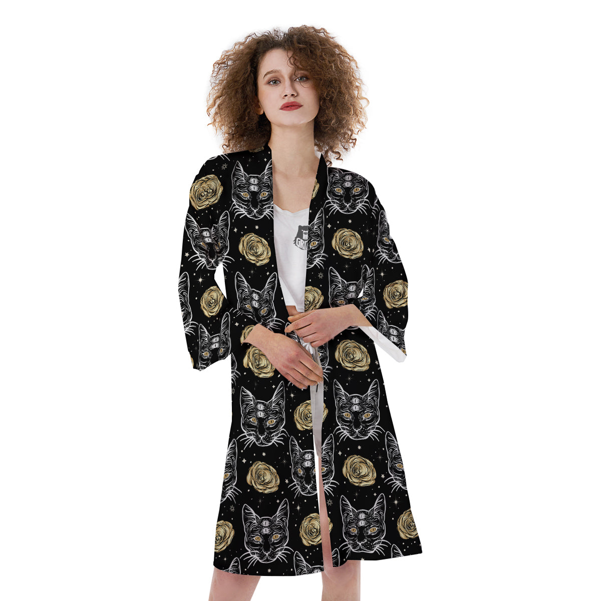 Four Eyed Cat And Roses Gold Print Pattern Kimono-grizzshop