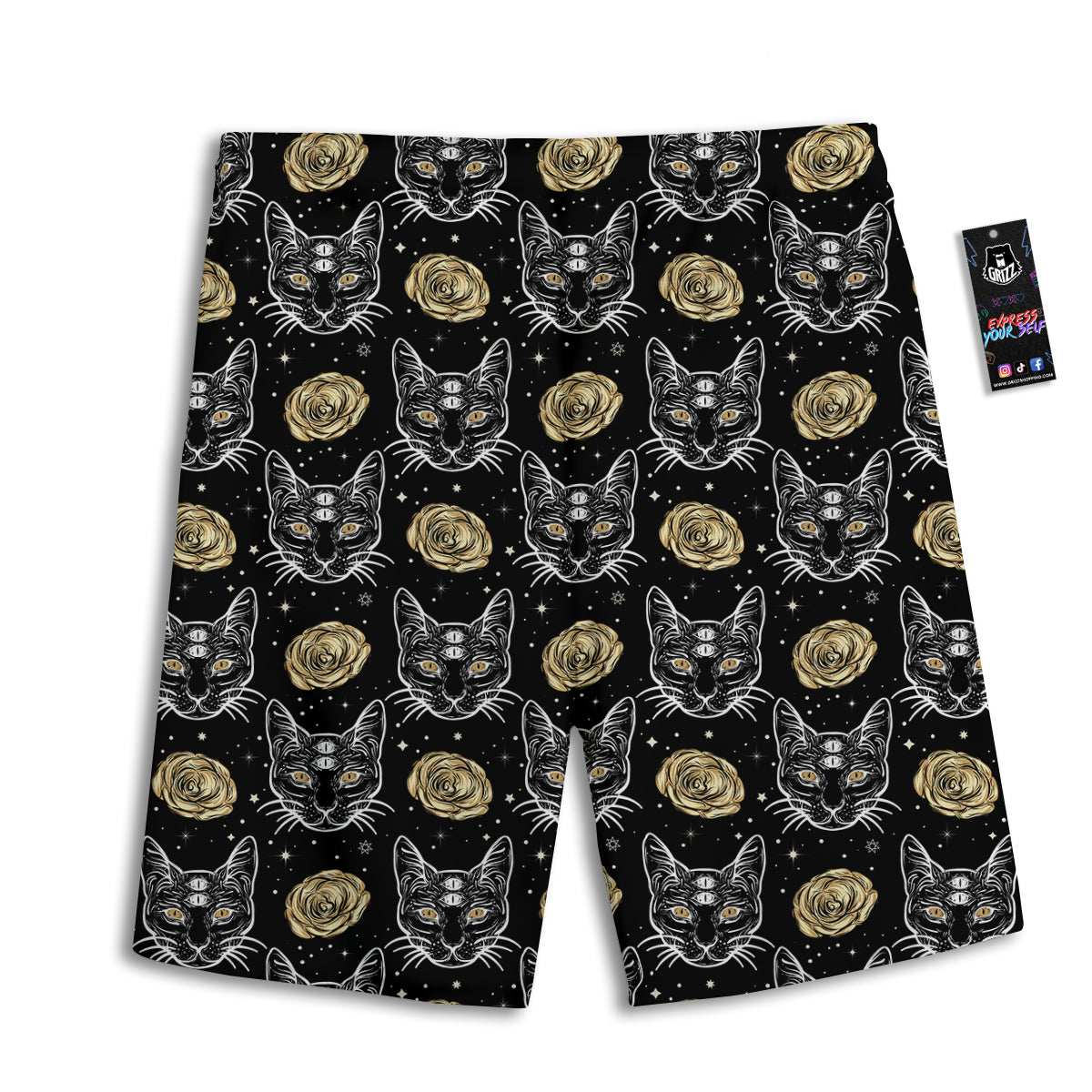 Four Eyed Cat And Roses Gold Print Pattern Men's Athletic Shorts