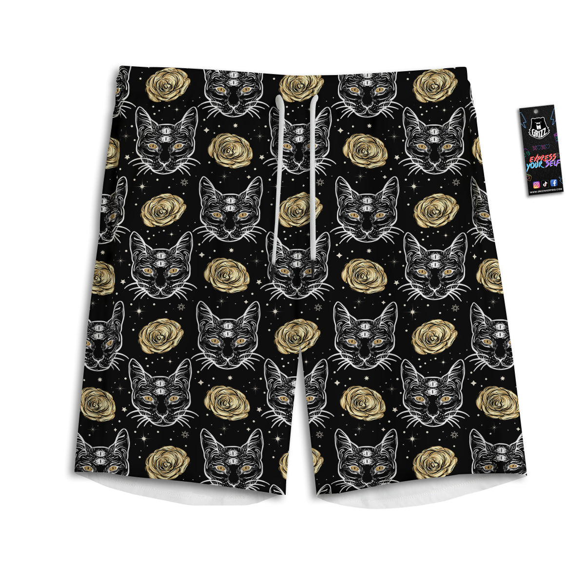 Four Eyed Cat And Roses Gold Print Pattern Men's Athletic Shorts