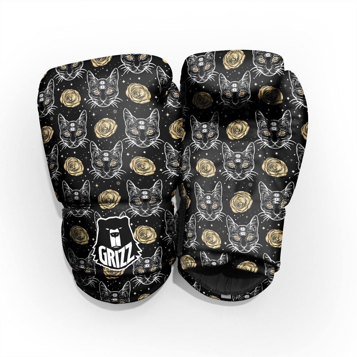 Four Eyed Cat And Roses Gold Print Pattern Pro Boxing Glove