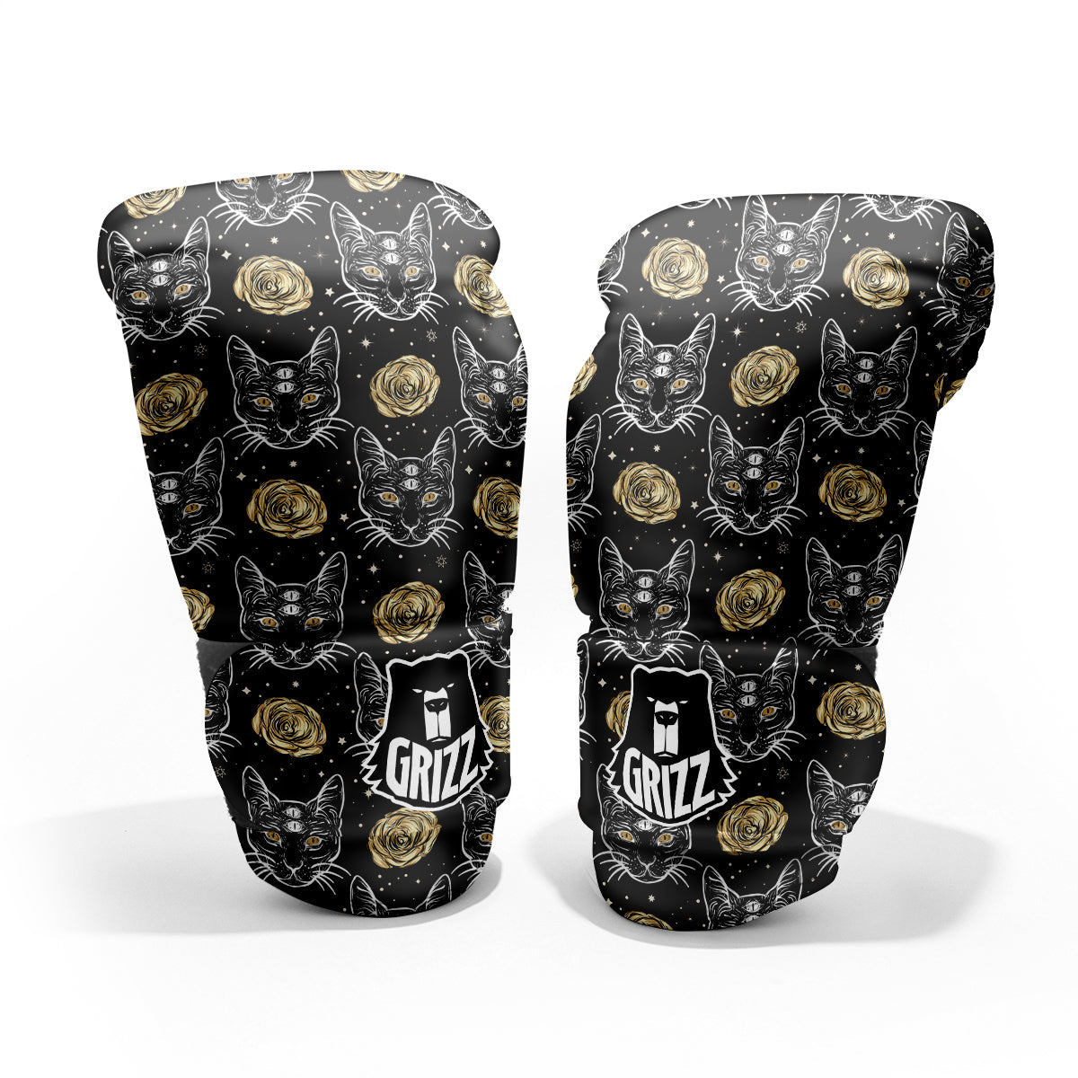 Four Eyed Cat And Roses Gold Print Pattern Pro Boxing Glove