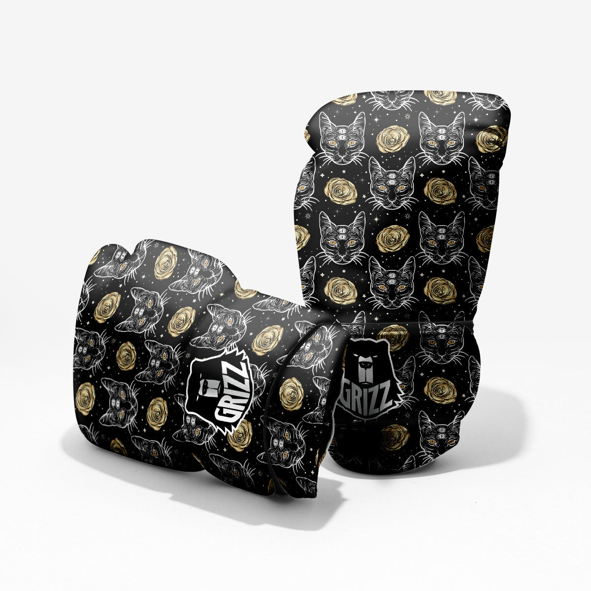 Four Eyed Cat And Roses Gold Print Pattern Pro Boxing Glove