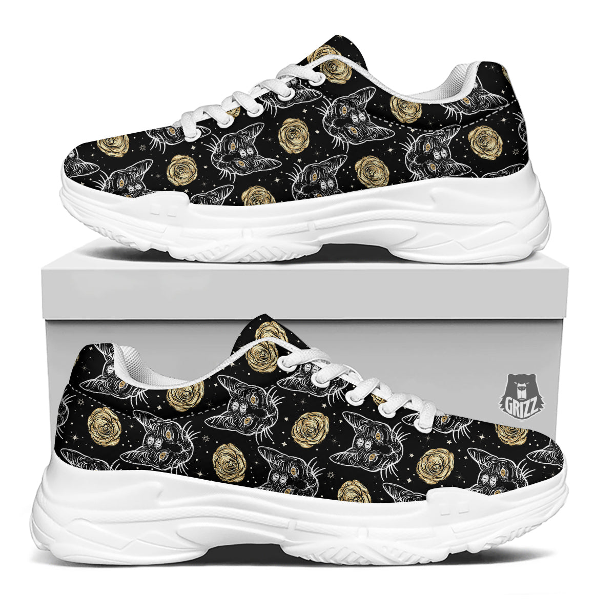 Four Eyed Cat And Roses Gold Print Pattern White Chunky Shoes-grizzshop
