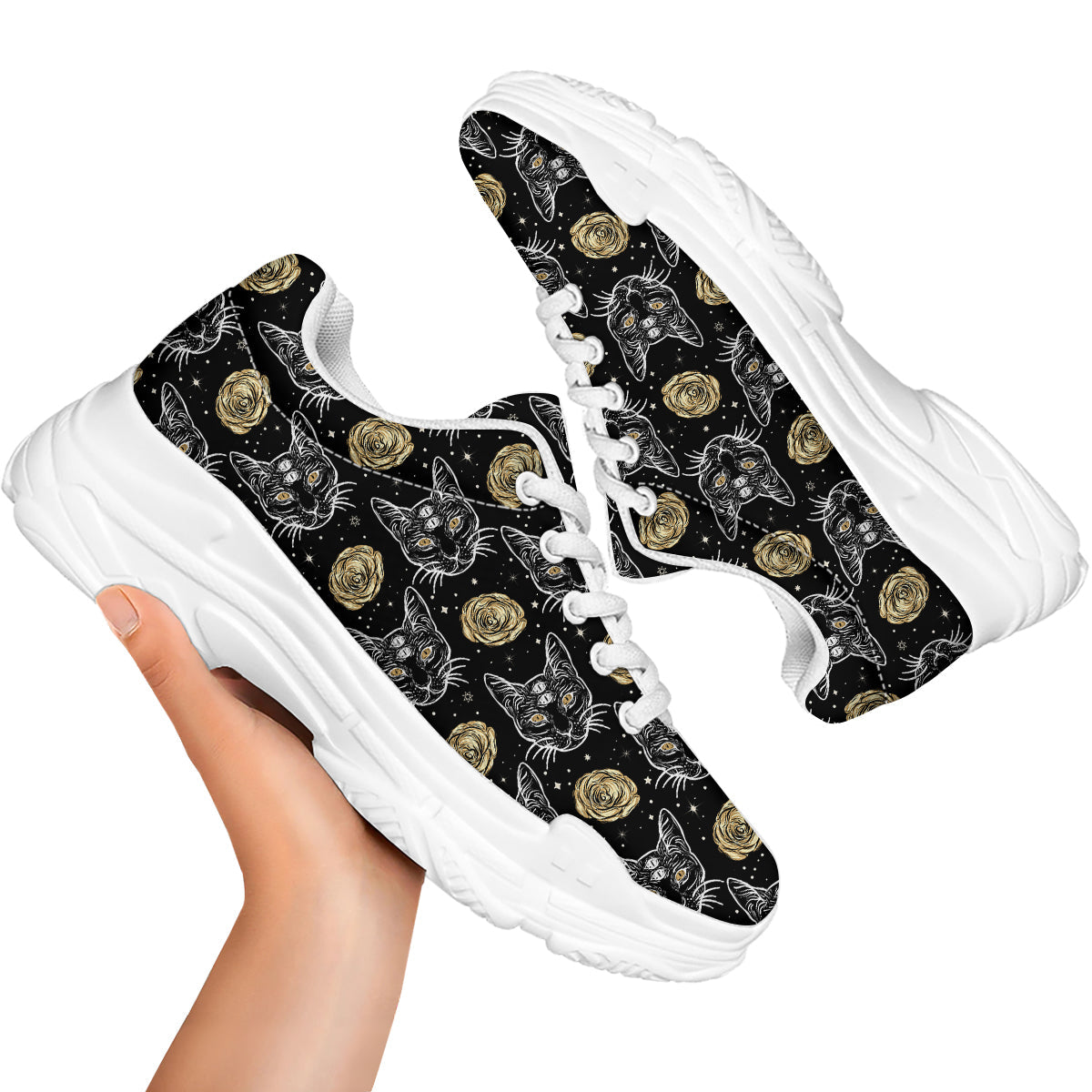 Four Eyed Cat And Roses Gold Print Pattern White Chunky Shoes-grizzshop