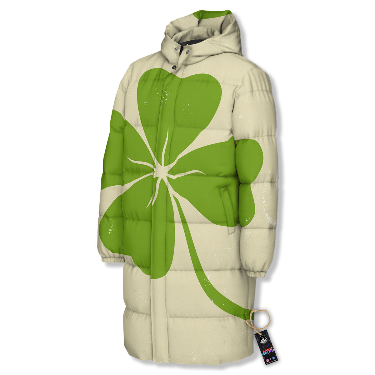 Four Leaf Clovers Irish Print Long Down Jacket-grizzshop