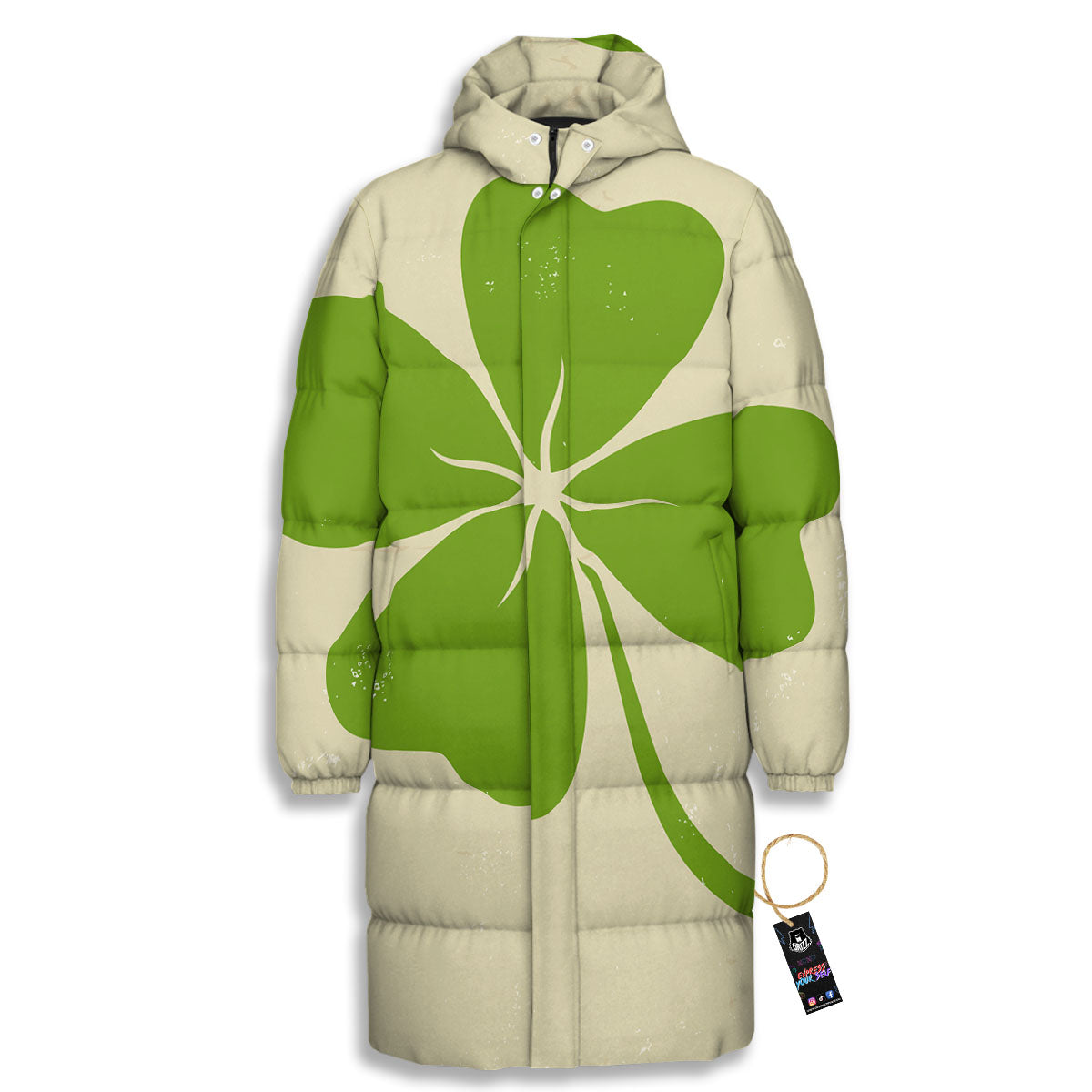 Four Leaf Clovers Irish Print Long Down Jacket-grizzshop