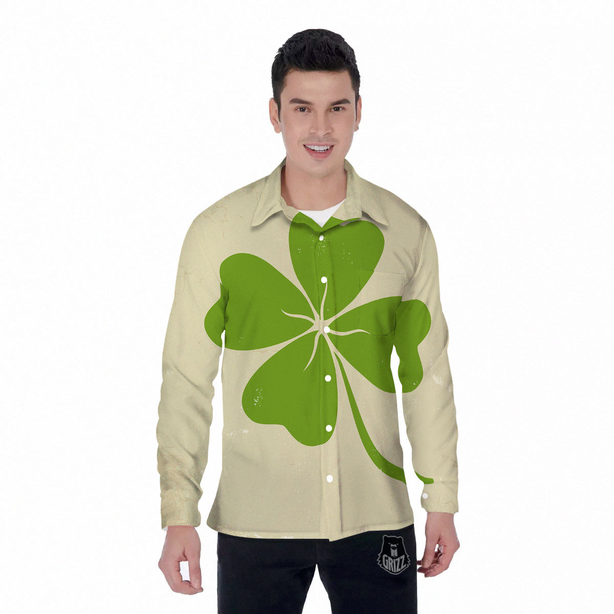 Four Leaf Clovers Irish Print Men's Long Sleeve Shirts-grizzshop