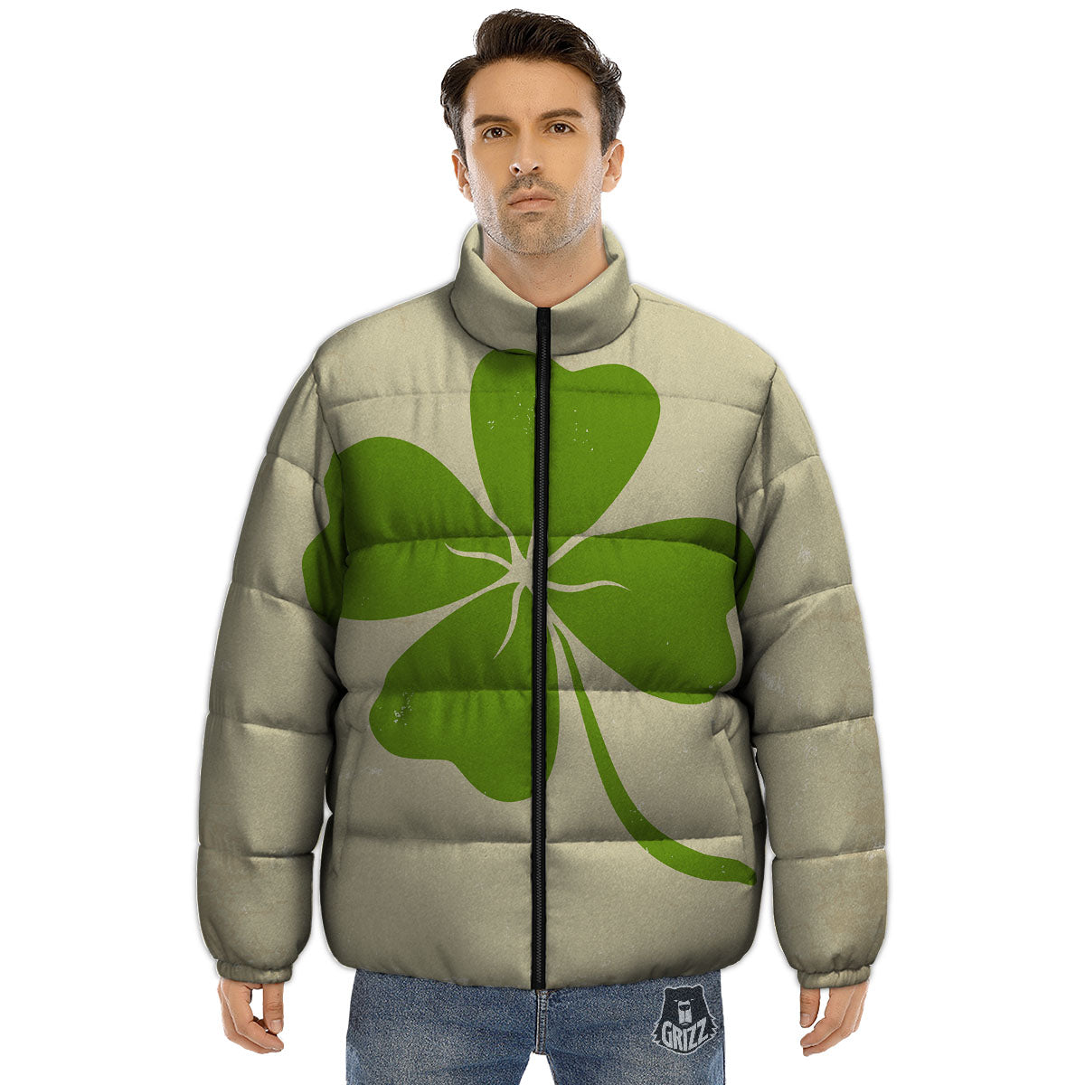 Four Leaf Clovers Irish Print Puffer Jacket-grizzshop
