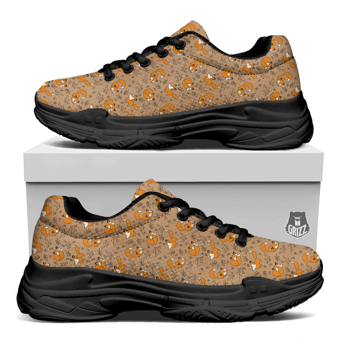 Fox Cartoon Print Pattern Black Chunky Shoes-grizzshop