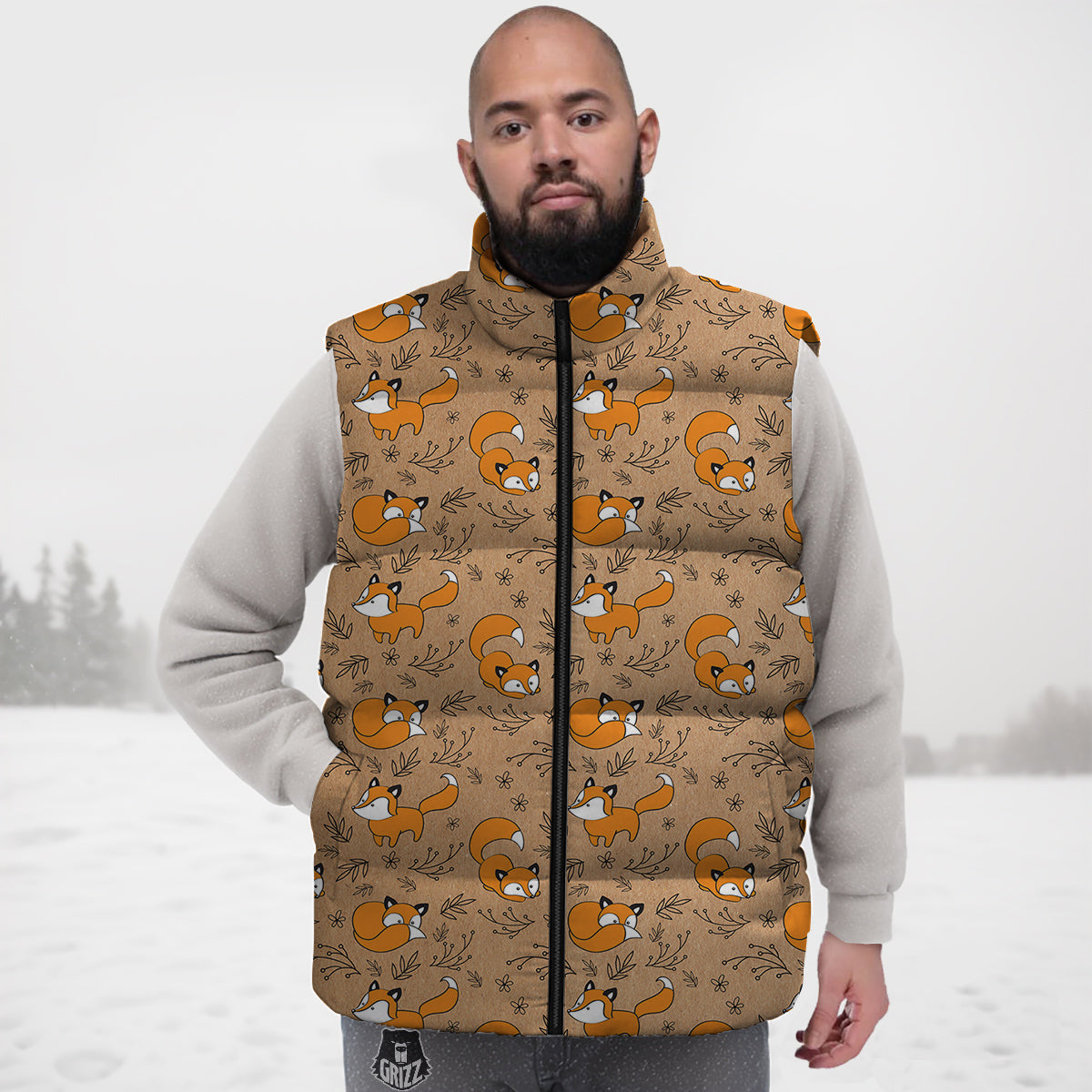 Fox Cartoon Print Pattern Down Vest