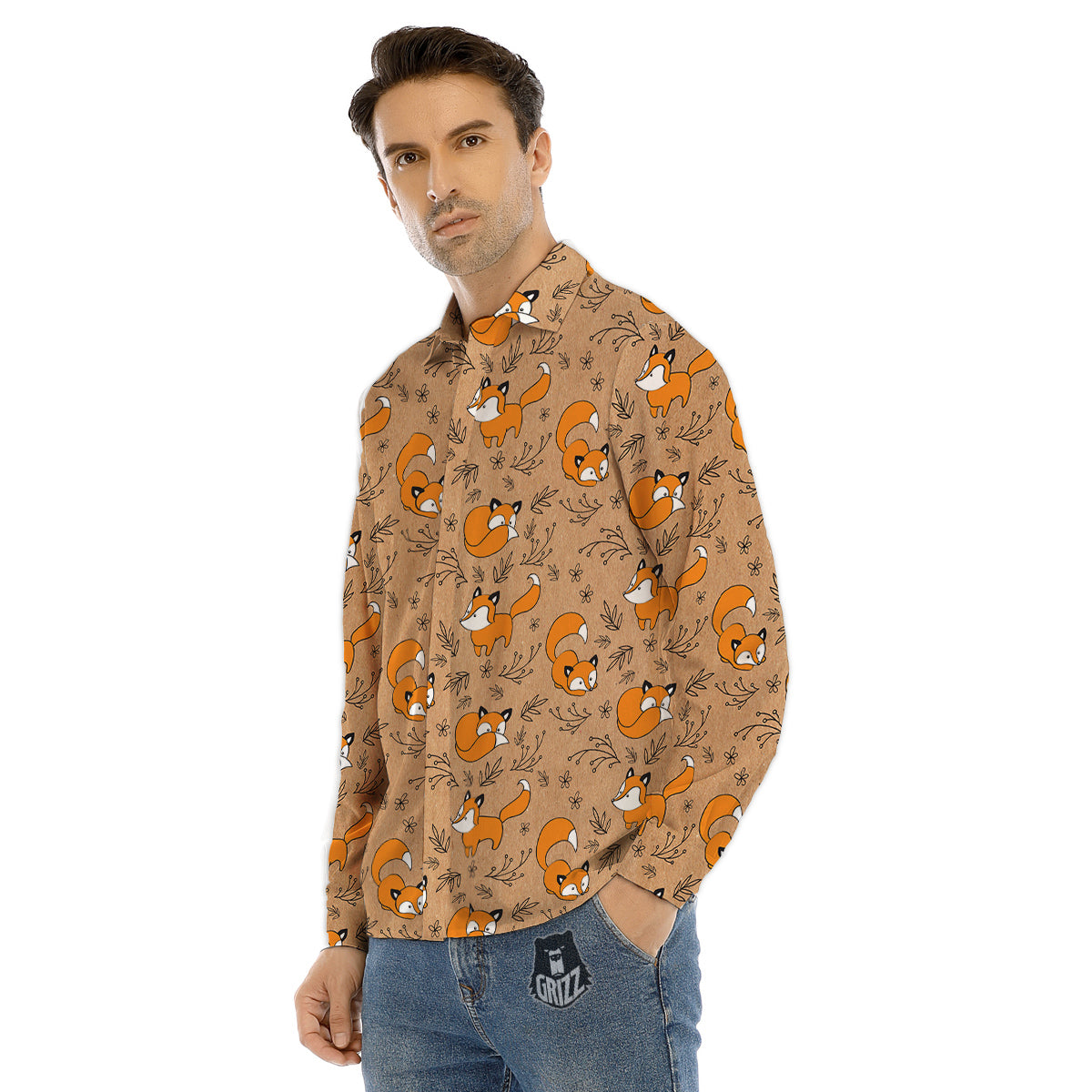 Fox Cartoon Print Pattern Men's Dress Shirts-grizzshop
