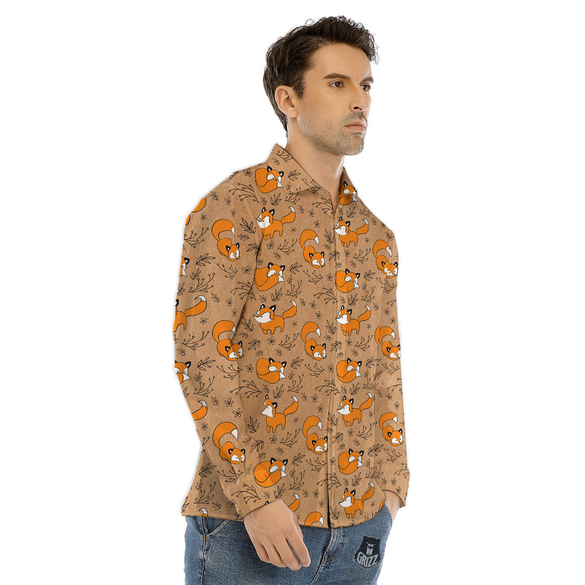 Fox Cartoon Print Pattern Men's Dress Shirts-grizzshop
