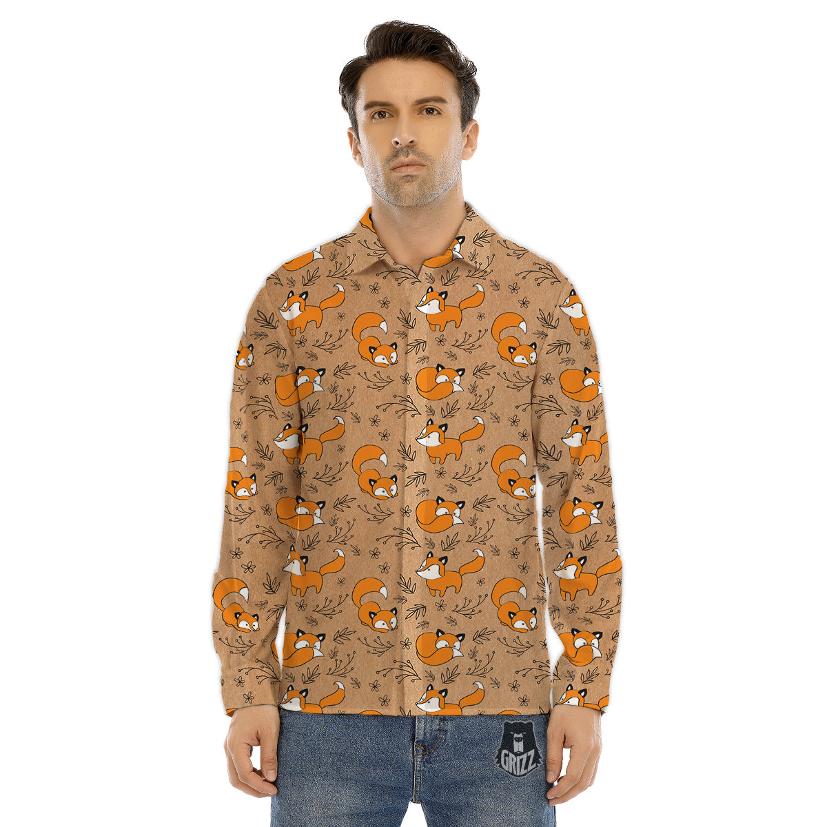 Fox Cartoon Print Pattern Men's Dress Shirts-grizzshop