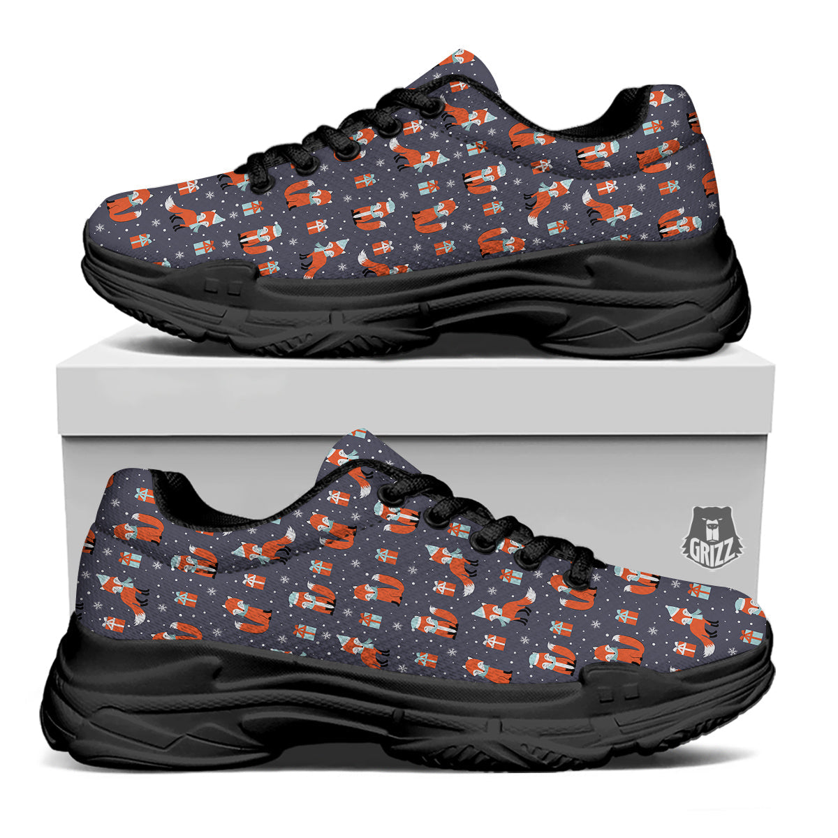 Fox Christmas Print Pattern Black Chunky Shoes-grizzshop