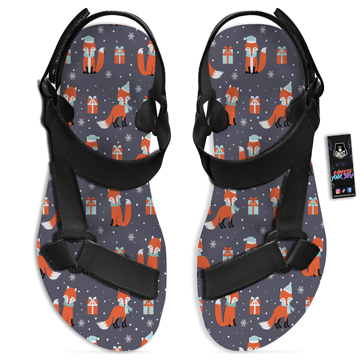 Fox Christmas Print Pattern Black Open Toe Sandals-grizzshop