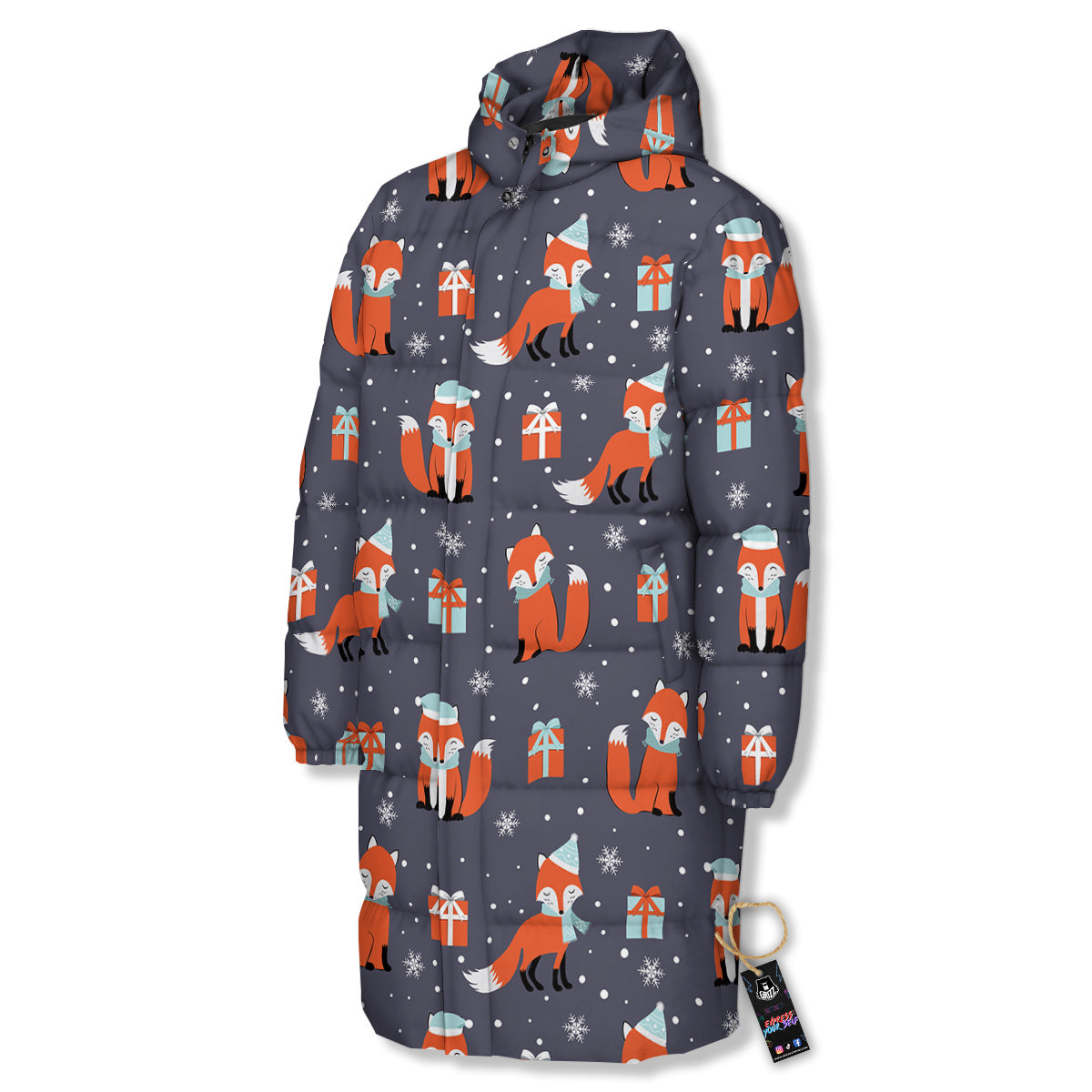 Fox Christmas Print Pattern Long Down Jacket-grizzshop
