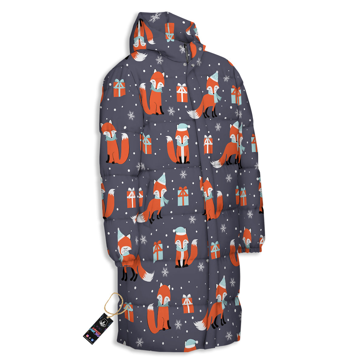 Fox Christmas Print Pattern Long Down Jacket-grizzshop