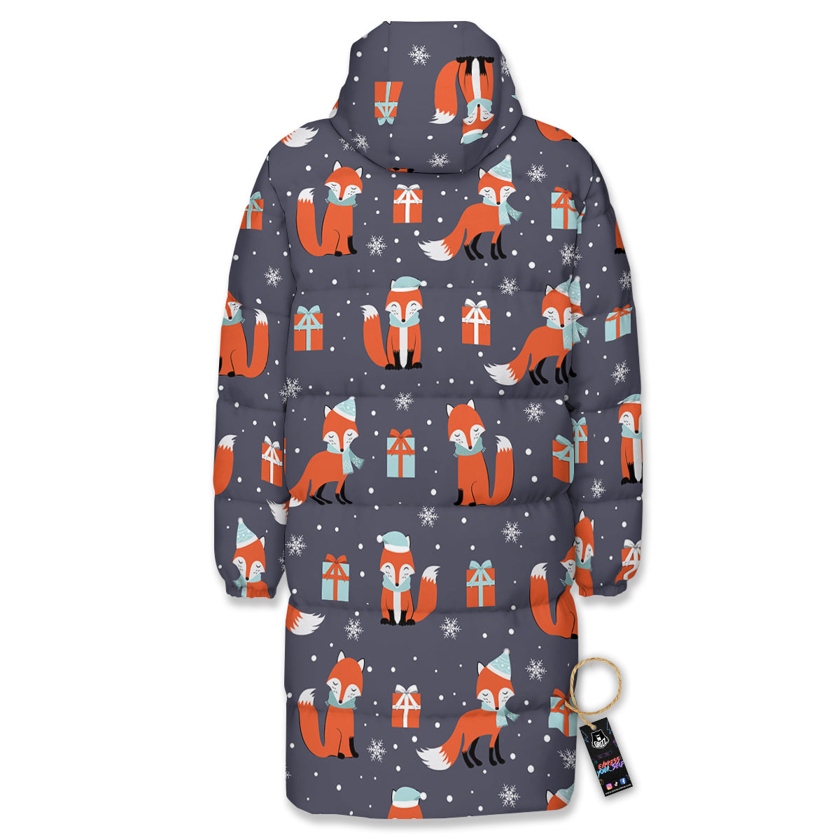 Fox Christmas Print Pattern Long Down Jacket-grizzshop