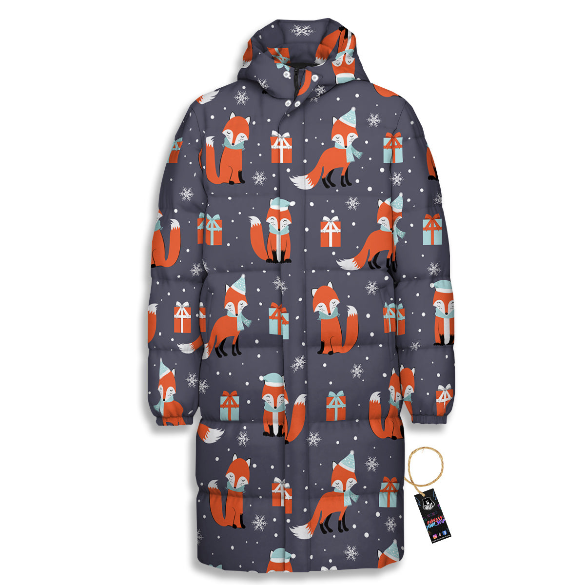 Fox Christmas Print Pattern Long Down Jacket-grizzshop