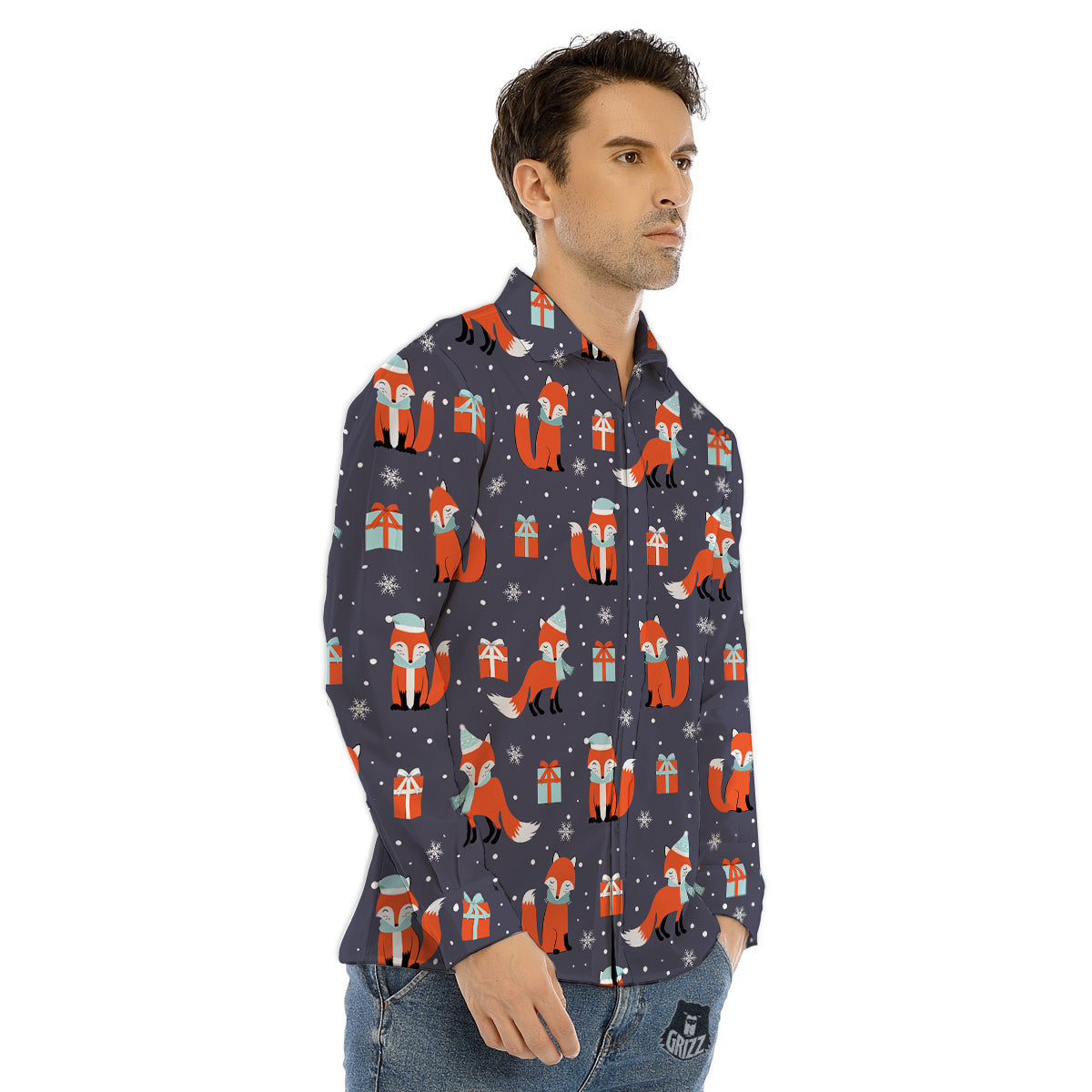 Fox Christmas Print Pattern Men's Dress Shirts-grizzshop